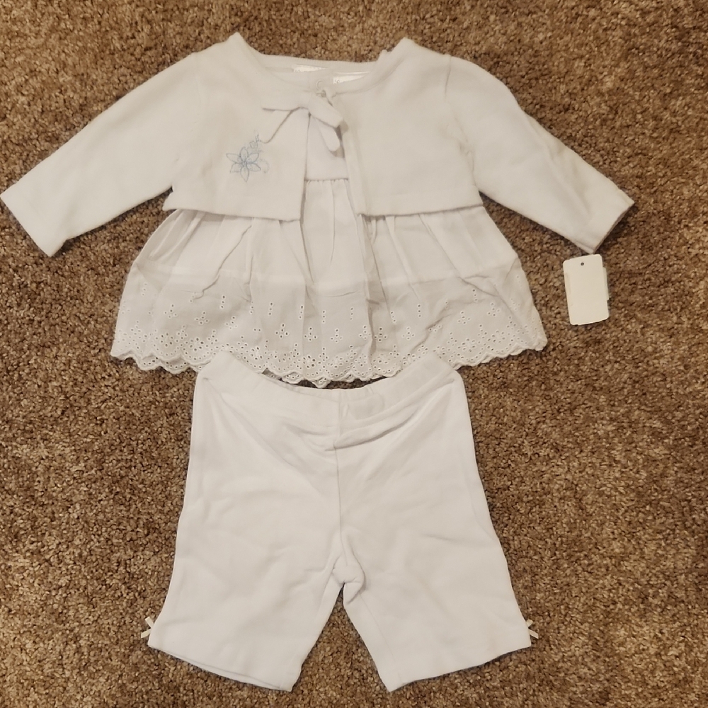 3 Piece Adorable White Baby Outfit Set, Size Newborn,  NWT